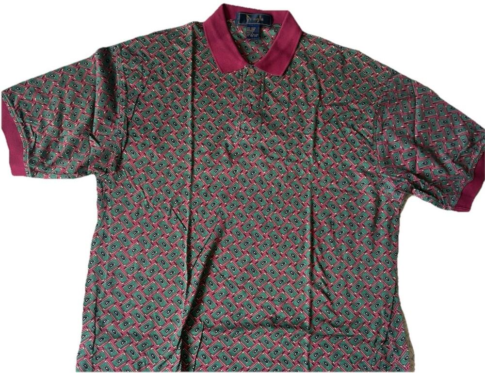 VTG Pringle Men’s Golf Polo Green Burgundy Cotton Knit Print Preppy L